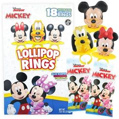 mickey and minnie mouse lollipop rings are shown in front of the package for sale