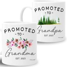 two white coffee mugs with the words, promote to grandma and grandma on them