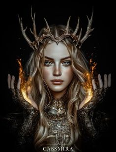 a woman with horns and fire on her head