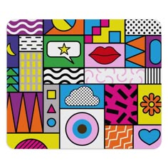 a colorful mouse pad with an image of different shapes and colors on the back side