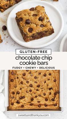 gluten - free chocolate chip cookie bars on a white plate with text overlay