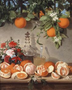 a painting of oranges and flowers on a table next to a vase with fruit