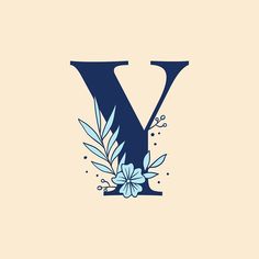 the letter v with flowers and leaves on it's sides is shown in blue