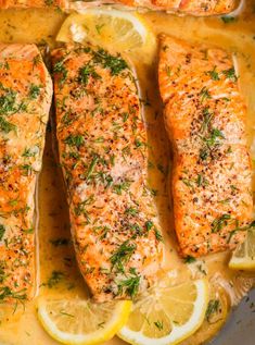 salmon with lemon and dill sauce in a pan