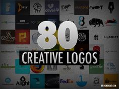 the words 80 creative logos are displayed in front of an image of many different types of logos