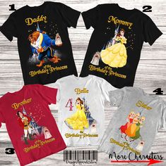 four disney princess shirts with the names and numbers on them