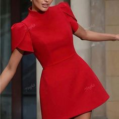 Super Cute And Stylish Ships In 5-10 Business Days Red Solid Mini Dress For Party, Solid Color Short Sleeve Mini Dress For Evening, Red High Neck Mini Dress For Party, Elegant Red Stretch Mini Dress, Fitted Red Mini Dress With Short Sleeves, Red Fitted Mini Dress With Short Sleeves, Red Stretch Mini Dress For Formal Occasions, Formal Red Stretch Mini Dress, Red High Neck Dress For Party