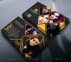 two black and yellow business cards with photos on them, one has a woman's face