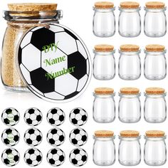 soccer ball in glass jars with corks and labels for personalized sports gifts, set of 12