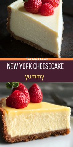 cheesecake with fresh strawberries on top and new york cheesecake yummy below