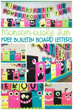 monster themed bulletin board with the words monsters and letters that spell out, free bulletin board letters