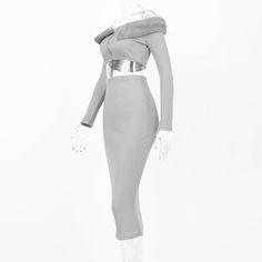 Women Off Shoulder Fur Plus Midi Skirt Bodycon Two Piece Grey Chic Matching Set L0159 Fitted Pencil Skirt For Winter Party, Fitted Winter Party Pencil Skirt, Winter Party Pencil Skirt, Winter Club Skirt With Stretch, Elegant Club Skirt For Winter, Elegant Winter Club Skirt, Winter Party Mini Pencil Skirt, Winter Club Fitted Skirt, Bodycon Two Piece