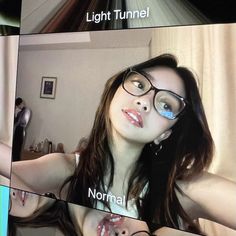 a woman wearing glasses with the words normal and light tunnel on her face in four different pictures