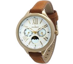 Peugeot Women's Multi-Function Tan Suede Watch - Page 1 — QVC.com Brown Leather Strap Watch, Gold Plated Watch, Skeleton Watches, Watches Unique, Brown Leather Strap, Tan Suede, Leather Band, Brown Suede, Watch Strap