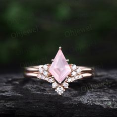 "This is a natural rose quartz engagement ring in solid gold,about 6x9mm kite cut. The accent stones are round diamond or moissanites. The matching band stones are diamond or moissanites. The band width is about 1.3mm. It can be made in any ring size. However please contact me to custom make it to a special big or small size. It can be made in white gold,rose gold or yellow gold with 14k or 18k. However for some people who are nickel allergic,I can also make it to 925 sterling silver to make you Rose Gold Rose Quartz Engagement Ring, Rose Quartz Engagement Ring Silver, Rose Quartz Wedding Ring, Rose Quartz Engagement Ring, Gold Unique Engagement Ring, Rose Quartz Ring Engagement, Anniversary Ring Set, Pink Engagement Ring, Pink Sapphire Ring Engagement