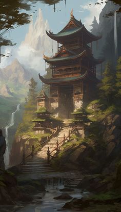 Discover this alluring illustration of a secluded temple perched atop a hill, accessible by a grand staircase, embraced by a lush, ancient forest. Marvel at the exquisite gateway and the majestic snow-capped mountains in the distance, celebrating the harmony of spirituality and nature's grandeur. Perfect for a mobile wallpaper or background. Swamp Town, Mountain Jungle, Temple Wallpaper, Hidden Temple, Fantasy Cities, Jungle Temple, Silent Witness, Japan Temple, Japanese Forest