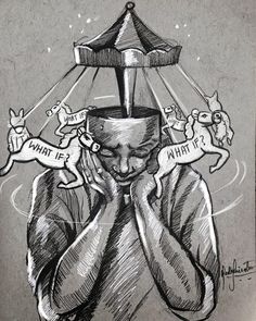 a drawing of a man holding his head with animals around him and the words what lies beneath it