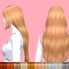 the long blonde hair is being displayed in front of a pink background with different colors