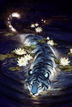 a tiger in the water with lily pads on it's back and eyes open