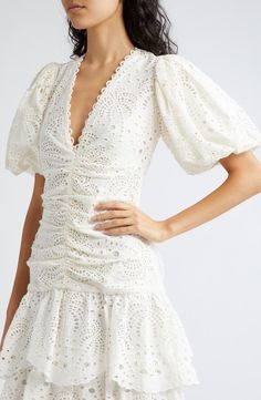 FARM Rio Eyelet Puff Sleeve Tiered Cotton Midi Dress | Nordstrom Lace Back Dresses, Cotton Midi Dress, Eyelet Dress, White Eyelet, One Tree, Farm Rio, Lace Back, Lace Closure, Nordstrom Dresses