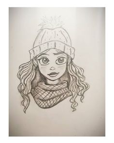 a drawing of a girl wearing a hat and scarf with her eyes wide open in front of the camera