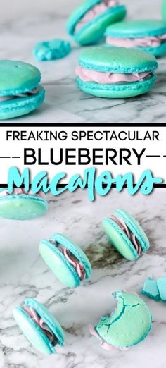 blueberry macarons are stacked on top of each other with the words freaking spectacular blueberry macaroons