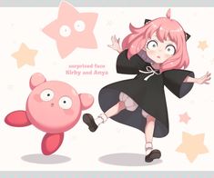 an anime character with pink hair and black dress next to a cartoon pig in front of stars