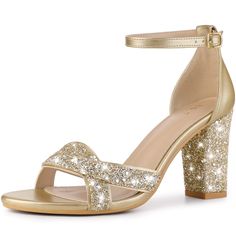 Sparkling glitter straps and glitter block heels make a cute statement on an ankle-strap sandal that makes any occasion extra special. Occasion: Saint Day, Office, Interview, Party, Casual, Christmas, Dating, Evening, Shopping, Daily Outfits, etc. Details: Glitter Ankle Strap; High Heel Sandals; Chunky Heel; Open Toe; Glitter Heels; Vamp: Faux Leather + Glitter; Outsole: Rubber; Heel: ABS; Heel Height: 3.3 Inches. Chunky Heel Outfit, Glitter Block Heels, Sandals Chunky, Evening Heels, Gold High Heels, Chunky Heel Sandals, Shoes Chunky, Glitter Sandals, Short Heels