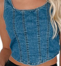 Dark Wash Stretch Denim Top, Medium Wash Washed Denim Top, Stretch Denim Top In Dark Wash, Trendy Fitted Blue Denim Vest, Dark Wash Stretch Cotton Denim Top, Stretch Cotton Denim Top In Dark Wash, Light Indigo Summer Jeans, Trendy Denim Blue Top For Spring, Trendy Washed Denim Top