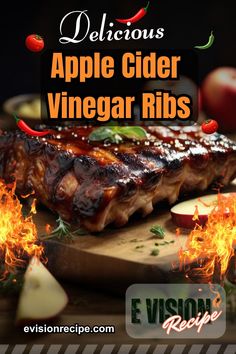 delicious apple cider vinegar ribs on a cutting board with fire and apples in the background