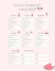 the 50 day workout challenge is shown on a pink background with an illustration of a woman doing