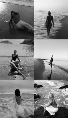 black and white photos of people on the beach, one woman is sitting in the water