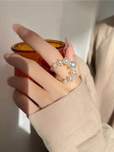 Adjustable Hollow Rings Accessories GOLD-One_size Asymmetrical Ring, Pearl Rings Vintage, Vacation Jewelry, Hollow Ring, Circle Jewelry, Winter Typ, Gold Pearl Ring, Rings Accessories, Party Rings