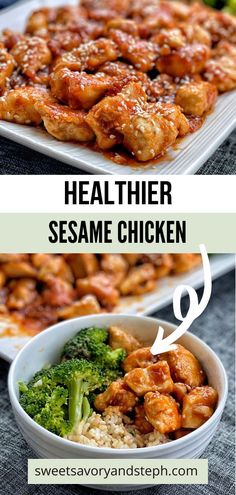 chicken and broccoli in white bowls with the words healthier sesame chicken