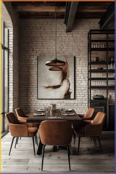 a dining room with brick walls and chairs