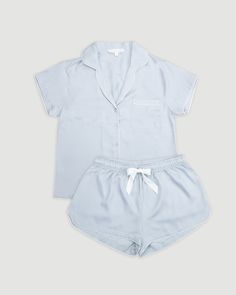 There is something so charming about traditional womens’ piping pajama sets, and the daydreams of feminine elegance that they bring. Especially when they are created using certified TENCEL™ material, making them 100% sustainable, breathable, and smooth. TENCEL™ fabric is derived from sustainably harvested wool pulp, and created using environmentally considerate processes. The beautiful Eva pyjamas feature an elegant eggshell blue fabric, trimmed with feminine white piping. An elasticated waist o Eggshell Blue, Feminine Elegance, Cute Pjs, Cute Pajama Sets, Cute Pajamas, Really Cute Outfits, Pajama Sets, Dream Clothes, Blue Fabric