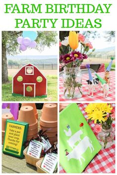 farm birthday party ideas with pictures of farm animals and flowers in vases on the table