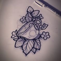 an ink drawing of a vase with flowers and leaves on it next to a marker pen