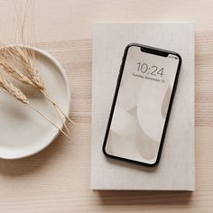 an iphone sitting on top of a table next to a white plate and some dry grass