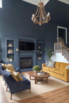 a living room filled with furniture and a fire place