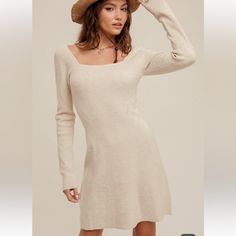 Cream Marled Ribbed Knit Sweater Dress. Square Neck Front And Back, Puffy Shoulders. 60% Acrylic, 28% Polyester And 12% Nylon. Cute Sweater Dress, Cute Sweater Dresses, Dress Square Neck, Dresses Cute, Cute Sweater, Maxi Dress Green, Ribbed Knit Sweater, Knit Sweater Dress, White Striped Dress