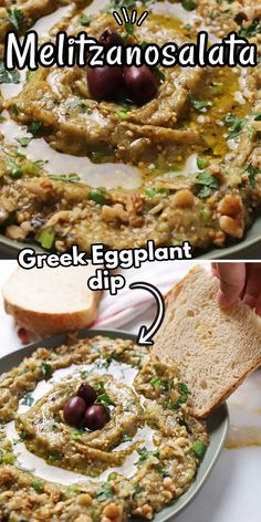 two pictures showing the process of making an eggplant dip with bread and olives