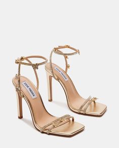 JADE Gold Strappy Square Toe Heel | Women's Heels – Steve Madden Gold Heels Prom, Heels Aesthetic, Fashion Shoes Heels, Shoes Heels Classy, Cute Shoes Heels, Prom Heels, Heels Classy, Chic Shoes, Square Toe Heels