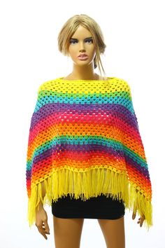 Rainbow Crochet Poncho, Hand Crochet Multicolor Women Poncho, Sweater Poncho, Knit Cover up by Arzu' Crochet Shawl Poncho For Festivals, Multicolor Fringe Poncho For The Beach, Multicolor Fringe Poncho For Beach, Beach Poncho With Multicolor Fringe, Beach Poncho With Fringe In Multicolor, Beach Multicolor Poncho With Fringe, Bohemian Yarn Crochet Top, Bohemian Yarn Poncho One Size, Bohemian One Size Yarn Poncho