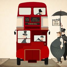 a red double decker bus driving down a street next to a woman with an umbrella