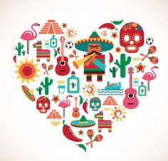 the heart shape is filled with mexican symbols, such as guitar, flamingos and other items