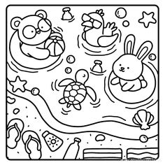 a black and white coloring page with animals swimming in the water