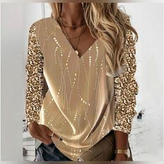 Unique Long-Sleeved V-Neck Blouse, Sequin Sleeves, Shines In The Light And Sunshine, Sz Xl, Nwt Pit To Pit 27" Length 26.5" Top Dorado, Sequins Blouse, Comfortable Leggings, Liberia, Christmas Parties, Tonga, Vanuatu, Women's Shirt, Pullover Designs