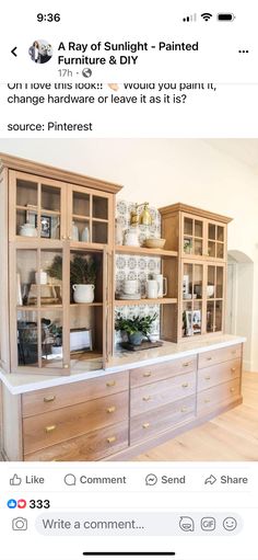 an image of a wooden cabinet with glass doors and drawers on it's sides