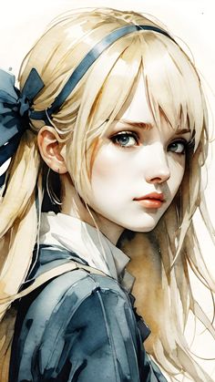 a drawing of a girl with blonde hair and blue eyes wearing a bow in her hair